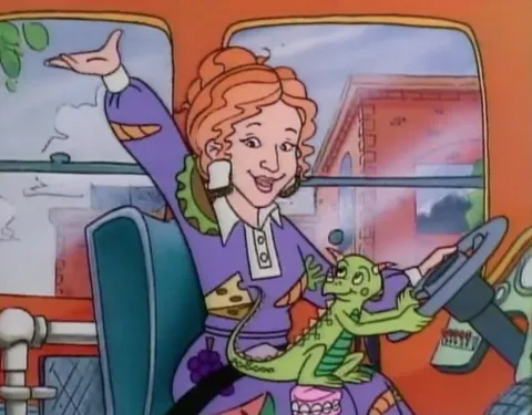 Miss Frizzle driving the Magic School bus