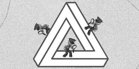 A drawing of an impossible triangular geometrical form, with three steretypical figures of cops walking along the form, seemingly endlessly.
