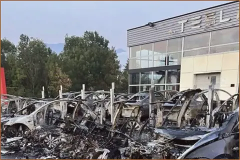 An anarchist group has claimed responsibility for setting a Tesla dealership near Toulouse in southwestern France on fire Sunday night. (PHOTO: La Depeche via TikTok)