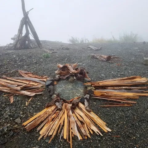 Sticks and rocks in the shape of an owl.