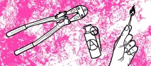bolt cutters, a lighter with circle-a on it, and a lit match against a pink and white background