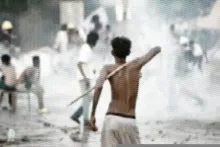 half-toned image of sudanes youth at a demonstration