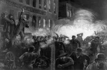 This 1886 engraving was the most widely reproduced image of the Haymarket massacre. It shows Methodist pastor Samuel Fielden speaking, the bomb exploding, and the riot beginning simultaneously; in reality, Fielden had finished speaking before the explosion. This 1886 engraving was the most widely reproduced image of the Haymarket massacre. It shows Methodist pastor Samuel Fielden speaking, the bomb exploding, and the riot beginning simultaneously; in reality, Fielden had finished speaking before the explosion.