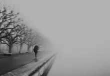 black and white picture of a silhouette walking into dense fog