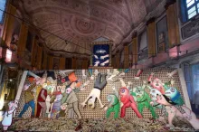 Enrico Baj’s I Funerali dell’anarchico Pinelli seen here in on show at Milan’s Palazzo Reale. In its new permanent home, the window frame element above the main work has had to be displayed separately due to lack of space  Photo: Roberto Serra, Iguana Press/Getty Images