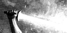 there can be only one A black and white drawing of a hand holding a white, luminous blade, as if it is about to strike something with it out of the frame of the drawing.
